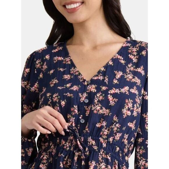 Time and Tru Women's Floral Print Tie Waist Blouse Ditsy Trails Dark Navy 2X - Picture 2 of 7